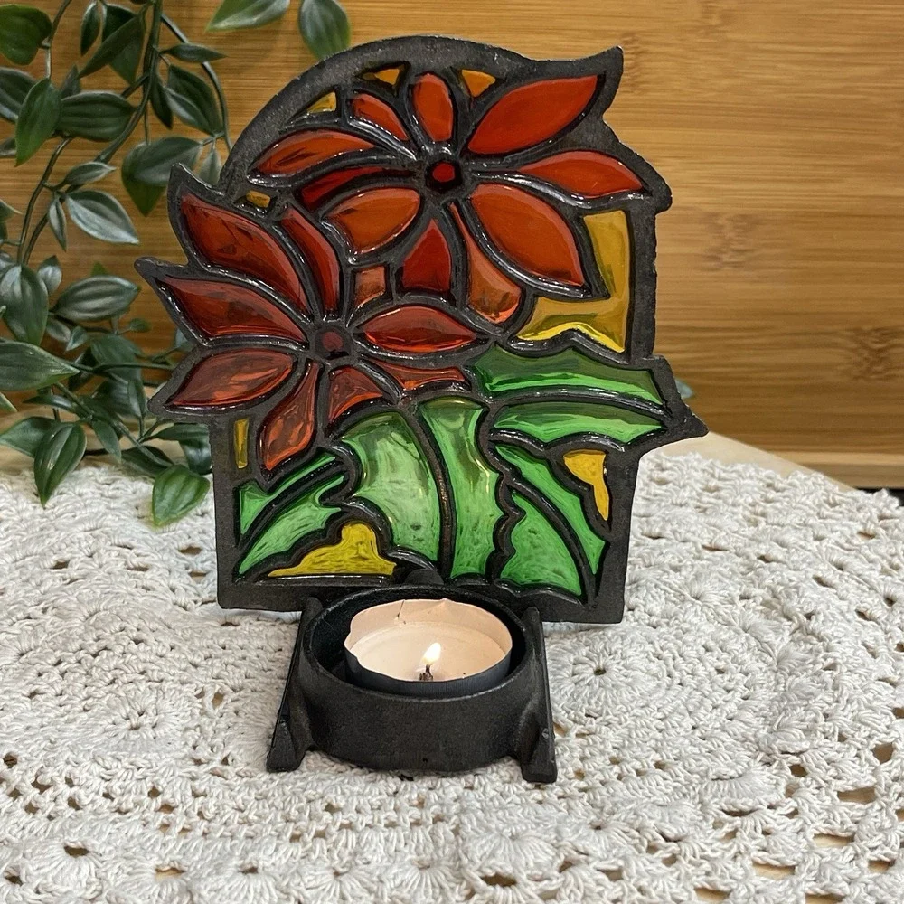 Vtg Stained Glass Cast Iron Tea Light Candle Holder Poinsettia Christmas Taiwan